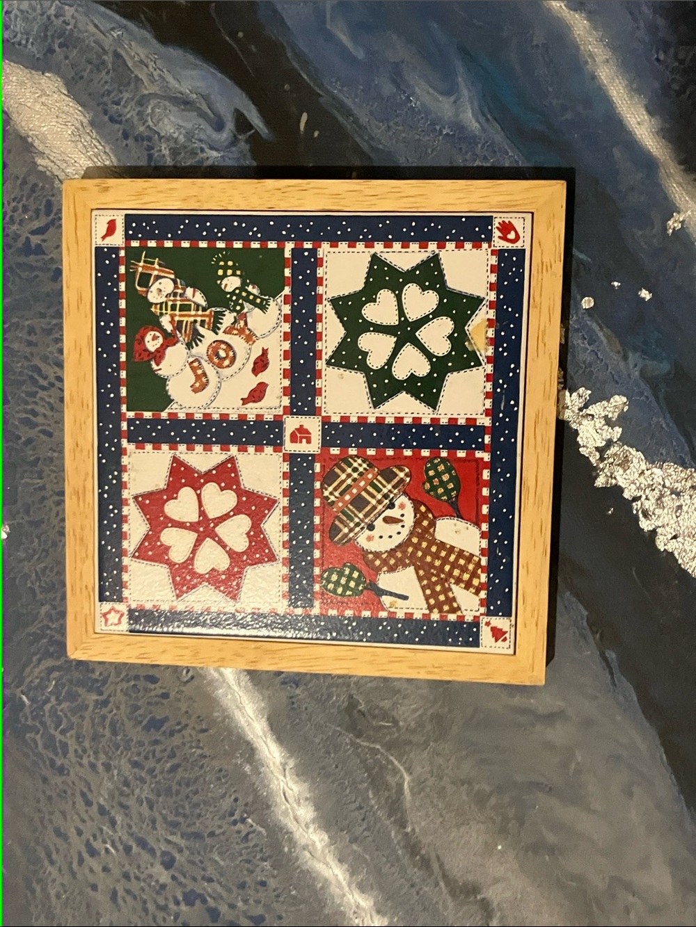 Wood/Ceramic Holiday Snowman Plaque - Red, Green, Blue